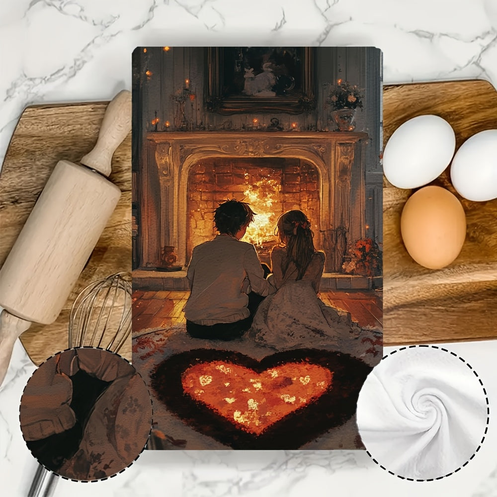 This set includes 2 ultra-soft kitchen towels featuring an anime couple sitting on a heart-shaped rug by a fireplace. These highly absorbent dish towels are ideal for holiday decoration, can be easily machine washed, and measure 40.64x60.96 cm.