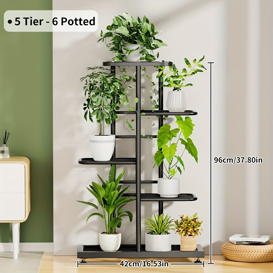 Iron plant stand with 5 layers for organizing and displaying flowers and pots in the home garden.