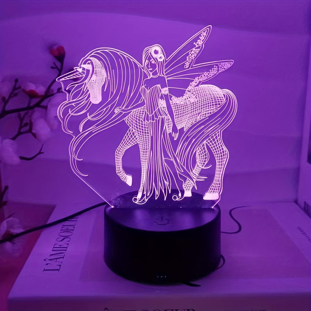 Art Deco style LED night light featuring a 3D Pegasus and Fairy design with 16 color options, USB powered with touch and remote control, ideal for girls' bedrooms as a birthday gift.