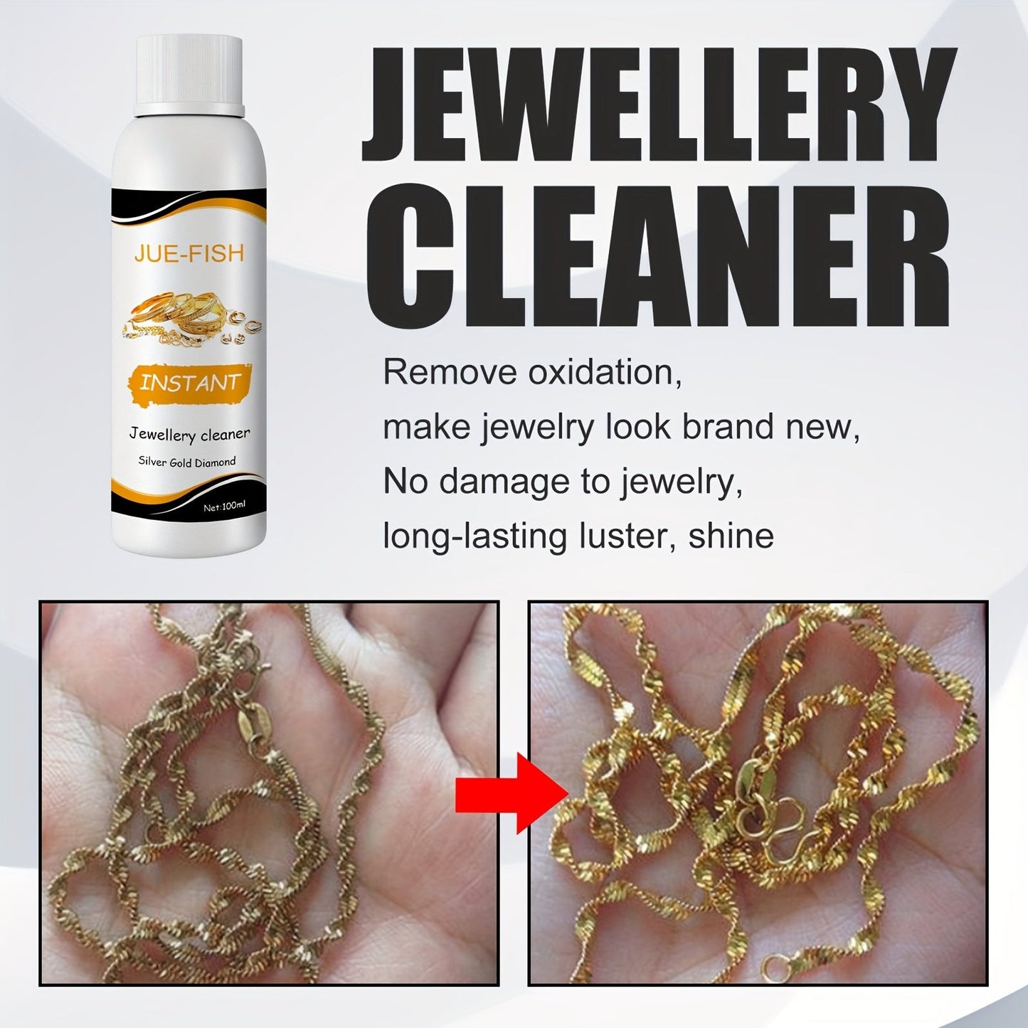 Single piece of jewelry cleaner liquid for decontamination and care of jewelry, specifically designed for cleaning various stains on jewelry and blackening care on glass surfaces. This product is a must-have addition to your cleaning supplies and tools.