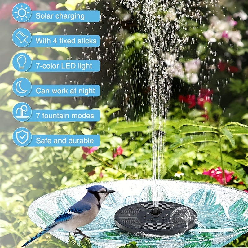 Solar fountain pump with LED light, Lithium battery powered, suitable for garden and water features, with 7 nozzle modes and durable construction.