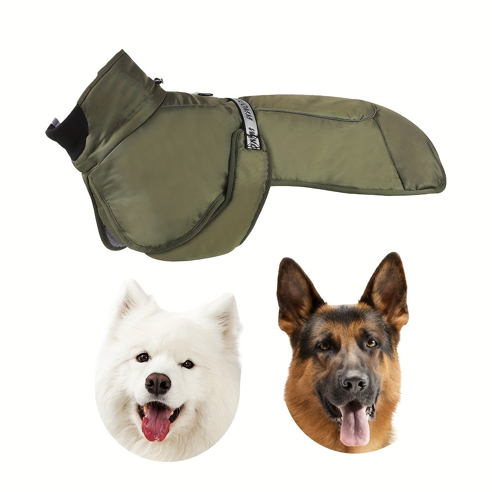 Waterproof and windproof jacket with cozy fleece lining for dogs of all sizes.