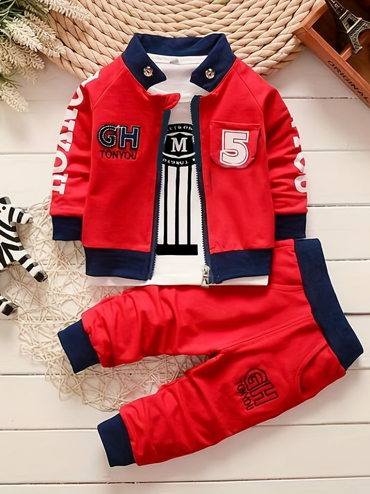 BABICOLOR Boys' 3-piece casual outfit set includes a zip-up jacket, t-shirt, and pants with number 5 print, perfect for spring/fall outdoor activities.