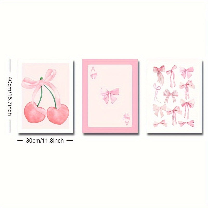 Set of 3 unframed pink cherry bow posters, ideal for home decor in living room, bedroom, girl room, dorm, or college apartment. Great gift idea.