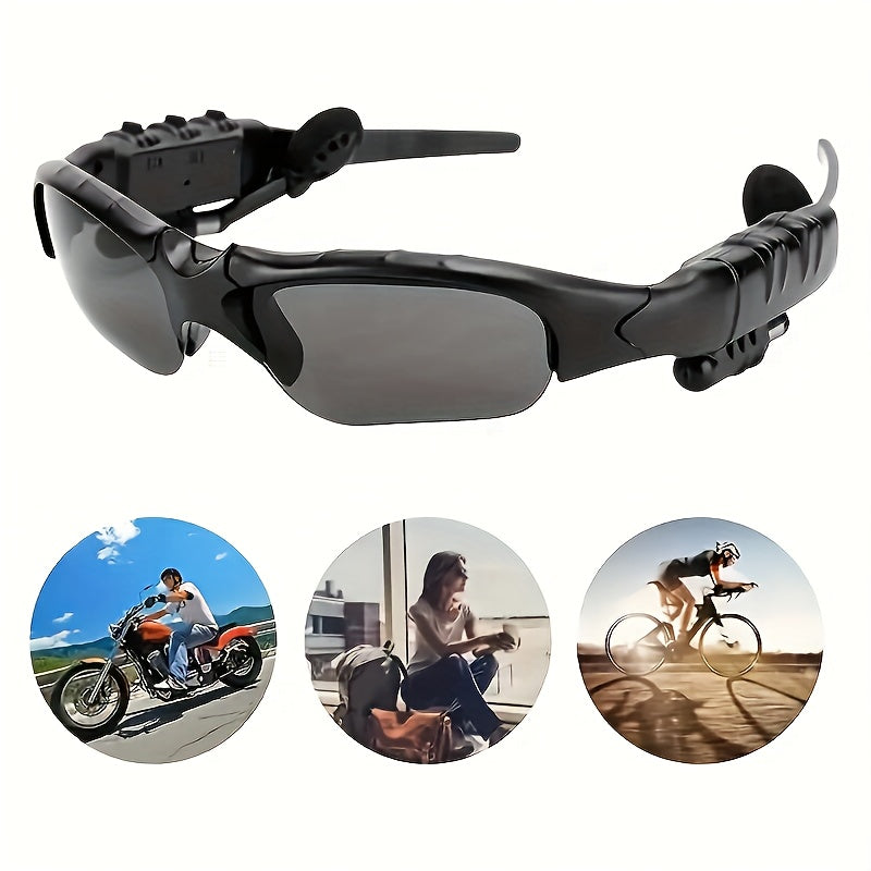 Wireless Glasses with headset, mic, and USB charging for outdoor activities.