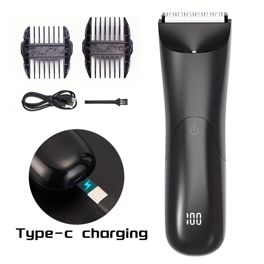 Men's groin and body hair trimmer with portable electric ball trimmer, ceramic blade head, 2 guard attachments, wet and dry shaver, silent USB rechargeable razor, LED light, and 500mAh