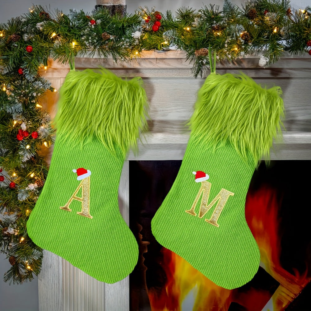 Modern Green Christmas Stocking with Custom Initial Embroidery, Perfect for Holiday Gifts - Single Pack