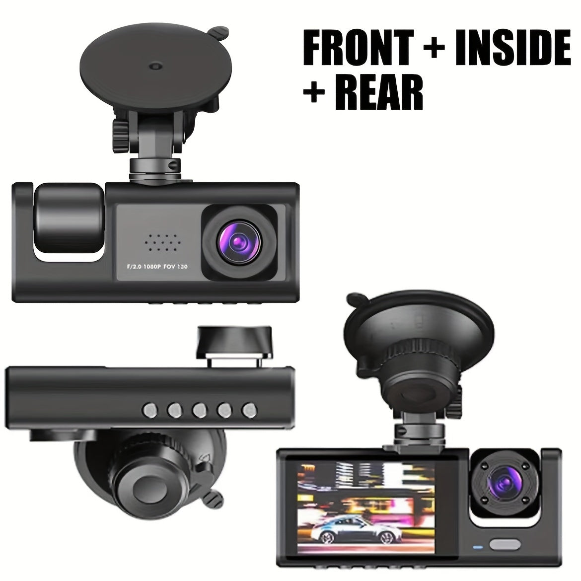 3-camera HD dash cam with 5.08cm screen, front & rear view, rechargeable battery, easy suction cup mount for cars, PC compatible, sleek design, and rechargeable device.