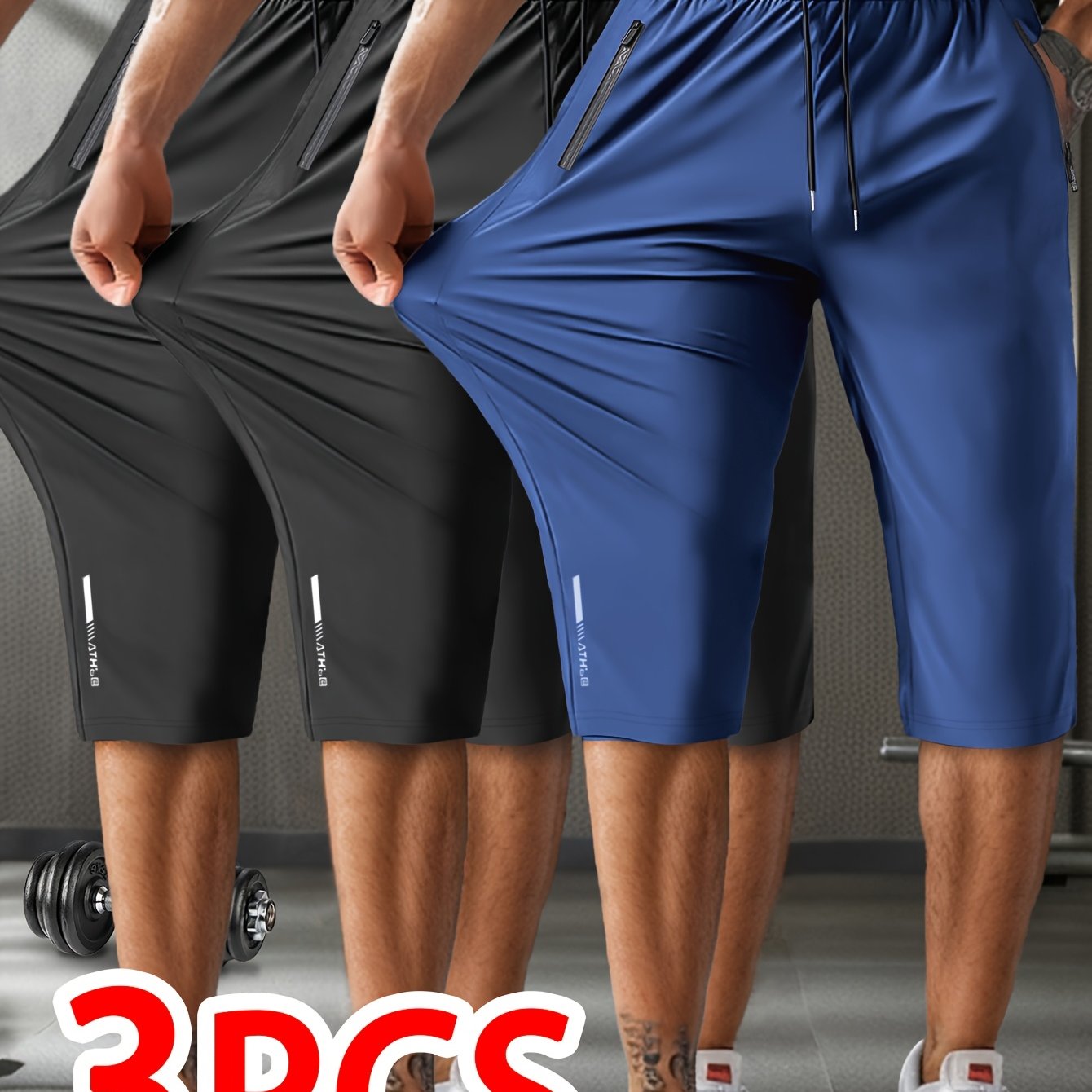 3 Summer Breathable High-Elastic Drawstring Zip Pocket Men's Sports Capri Pants