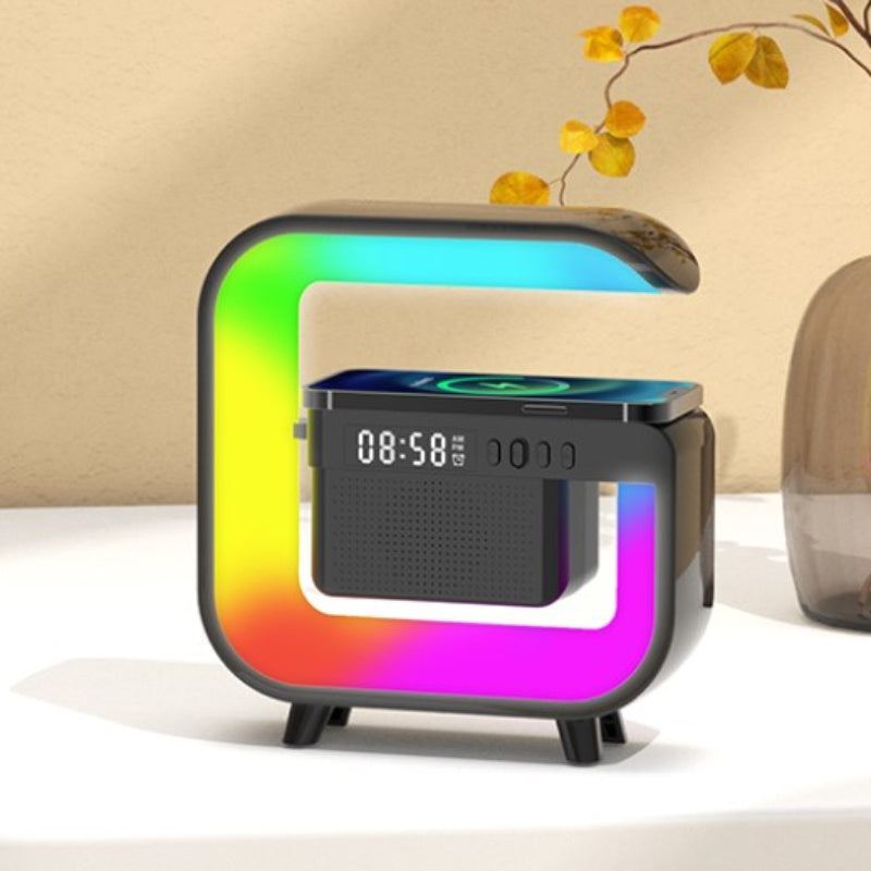 Multifunctional wireless music station with atmosphere light, alarm clock, 24-hour time display, wireless charging, TF card MP3 playback for use in home bedroom.