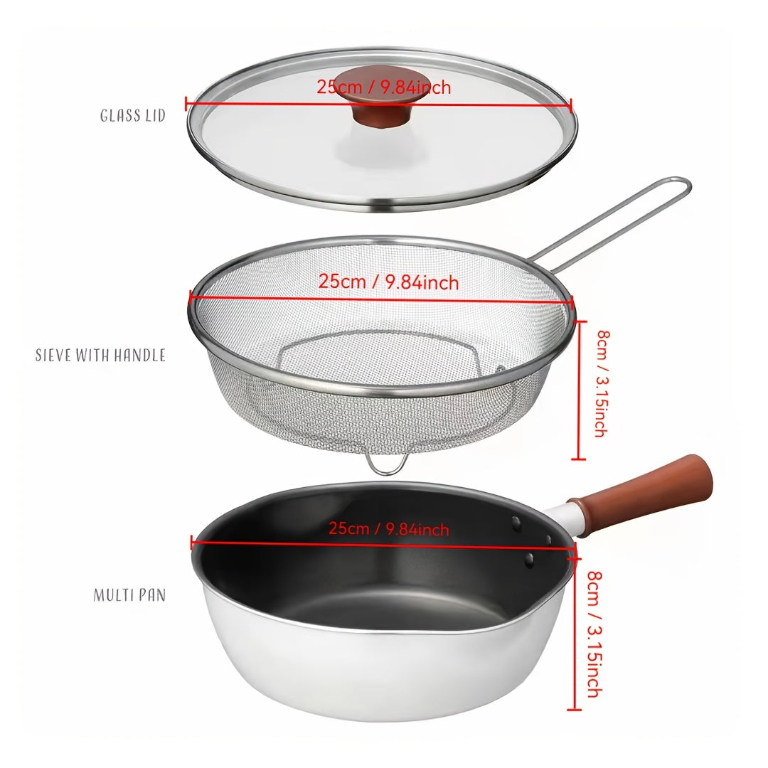 1-piece 9.84-inch Non-Stick Cast Aluminum Cooking Pot with Wooden Handle, Tempered Glass Lid & Frying Net - Strong, Simple to Maintain, Safe for Dishwasher, Works with All Stovetops