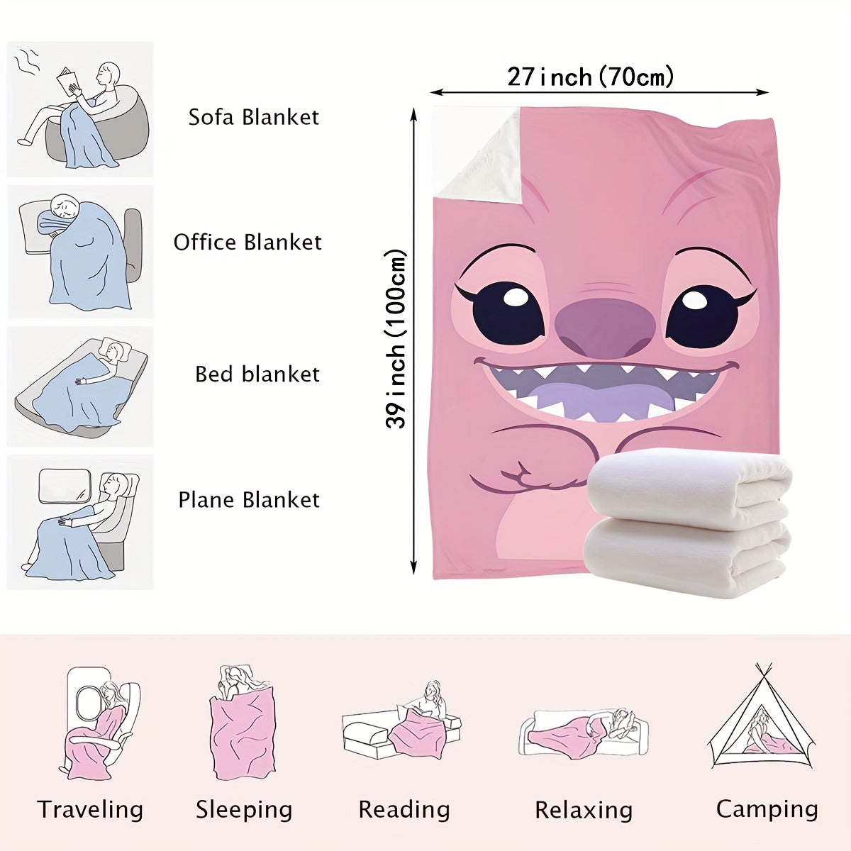 Pink plush throw blanket featuring a contemporary cartoon design. Made from soft polyester knit fabric, this multipurpose bedding is suitable for all seasons. Perfect for adding comfort to your bed, sofa, office nap, or as a travel blanket. Makes an