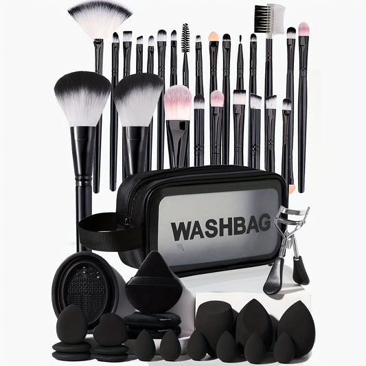 Makeup brush set with nylon bristles, ABS plastic handles, unisex washbag, eyelash curler, sponges, silicone cleaning bowl, palm brush - full kit for foundation, blush & powder application