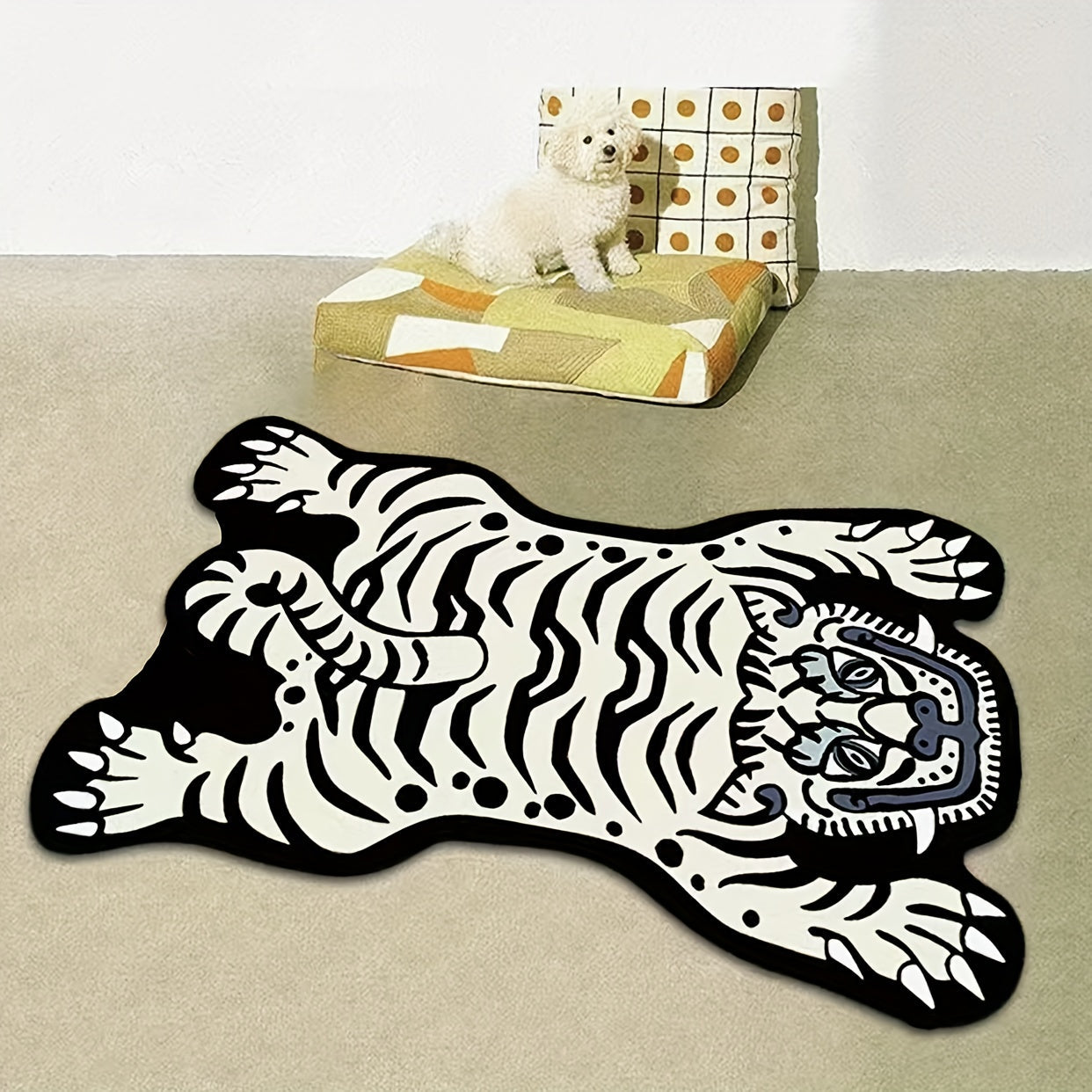 This Short-Haired Exquisite Faux Cashmere White Tiger Rug is a unique and creative home decor piece ideal for the bedroom, living room sofa, bathroom, bedside, and entrance. Made with care at 950G/㎡, it offers a luxurious and comfortable feel that is