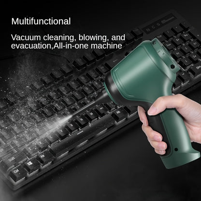 A versatile wireless vacuum cleaner with high power for suction, air extraction, and blowing in both car and home. Extended battery life, includes various accessories for dust and debris