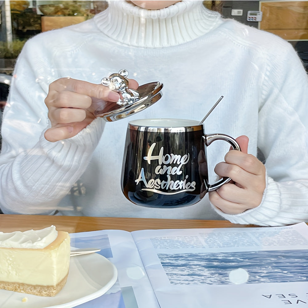 Men and women use high-value ceramic office mug with lid and spoon for breakfast coffee or water.