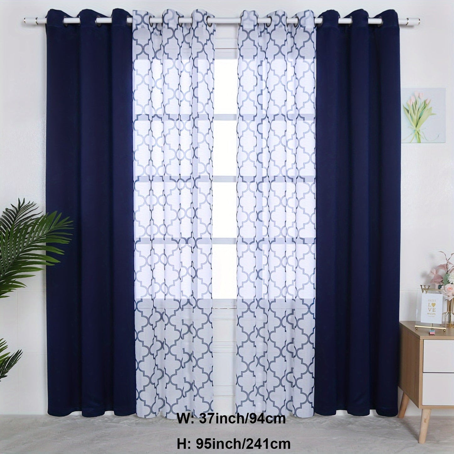 Blackout Curtains and Sheer Panels with Snowflake Pattern, Including Rods, Indoor Set of 4, Weighing 200 Grams in Total.