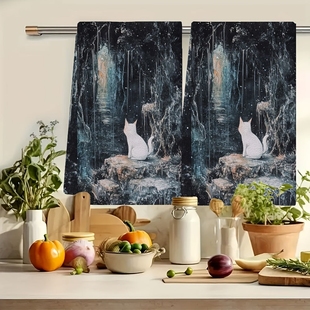 Two pieces of ultra soft kitchen towels featuring mystical Slugcat and Rain World design. These highly absorbent towels are machine washable and measure 40.64x60.96 cm. Perfect for holiday decor, these coastal motif towels are made of soft absorbent