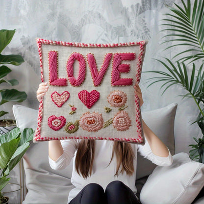 Valentine's Red Heart Embroidered Throw Pillow Cover, 45x45cm, Polyester, Machine Washable, Zipper Closure, Contemporary Style