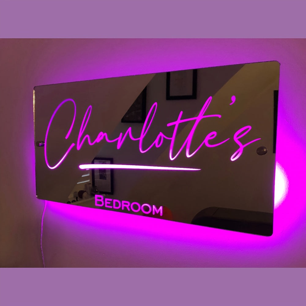 Custom name LED mirror light for bedroom, USB powered, wall-mounted with remote control - ideal for gifts and decorative purposes.