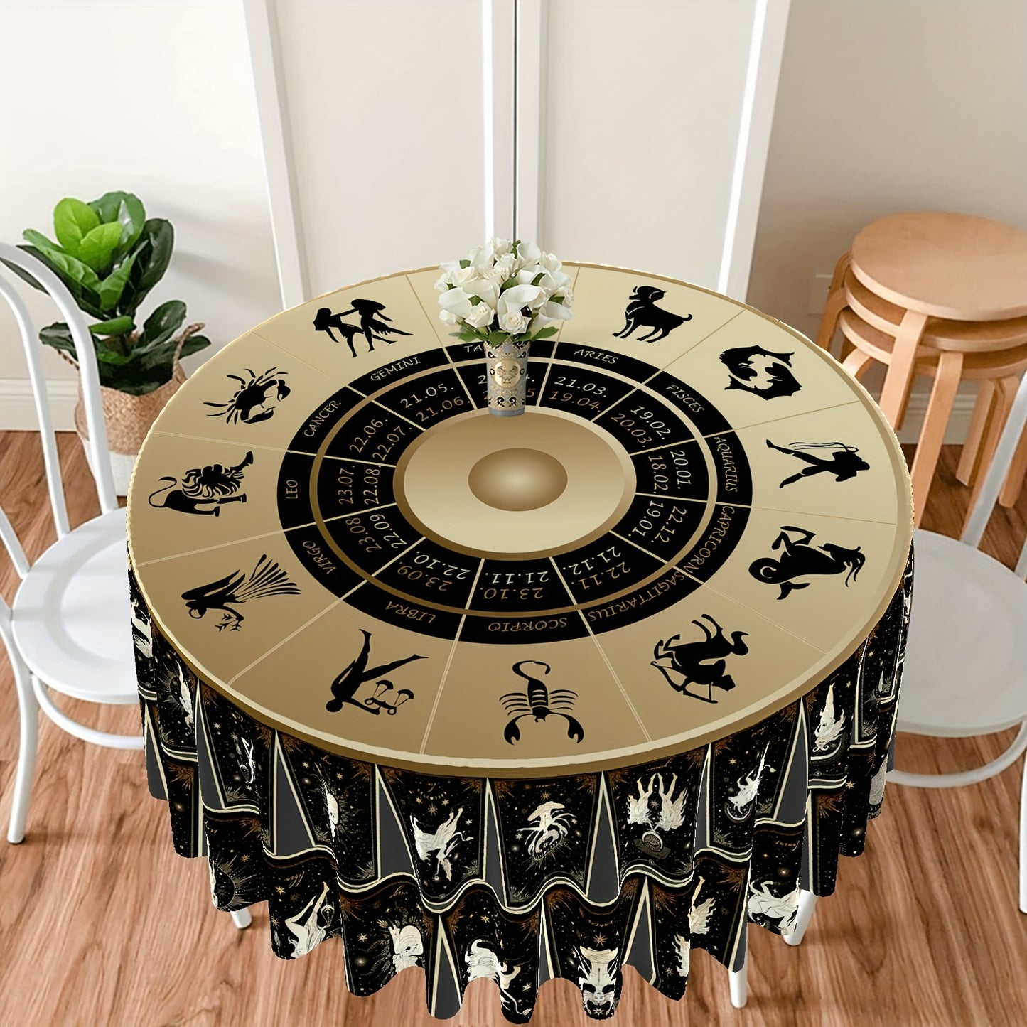 Tarot Round Tablecloth: 63 inch, Boho design with divination pattern. Stain-resistant, absorbent, and wrinkle-free. Ideal for home, kitchen, dining, parties, indoor/outdoor use. Perfect for room and scene decor.