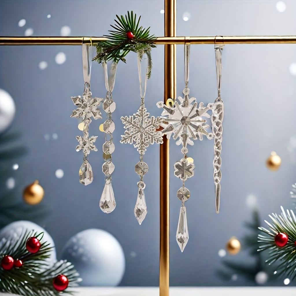 Set of 20 modern acrylic snowflake and icicle ornaments for Christmas tree decoration, perfect for holiday and winter festivities. Festive hanging charms without feathers.