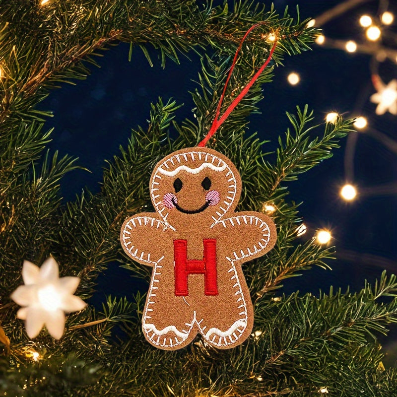 Embroidered gingerbread man ornament for Christmas decoration, made of fabric material. Classic style and no power required. Perfect for home and kitchen use.