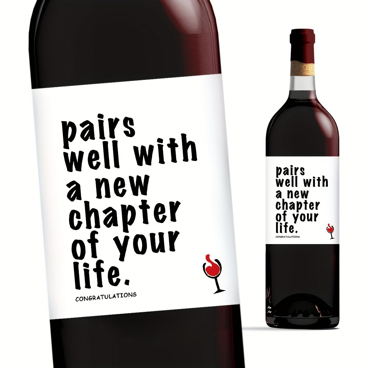 4 Fun Wine Labels for New Beginnings, Good Luck, New Job, New Home, Engagement, Breakup, and Retirement Gifts in Black/White.