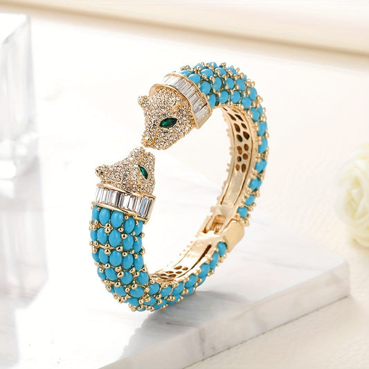 GrayBirds Vintage Elegant Animal-Themed Open Cuff Bracelet featuring a Dual-Headed Tiger Design adorned with Resin and Rhinestones. Crafted from 18K Golden Plated Zinc Alloy, it showcases the July Birthstone and makes a perfect gift for women on their