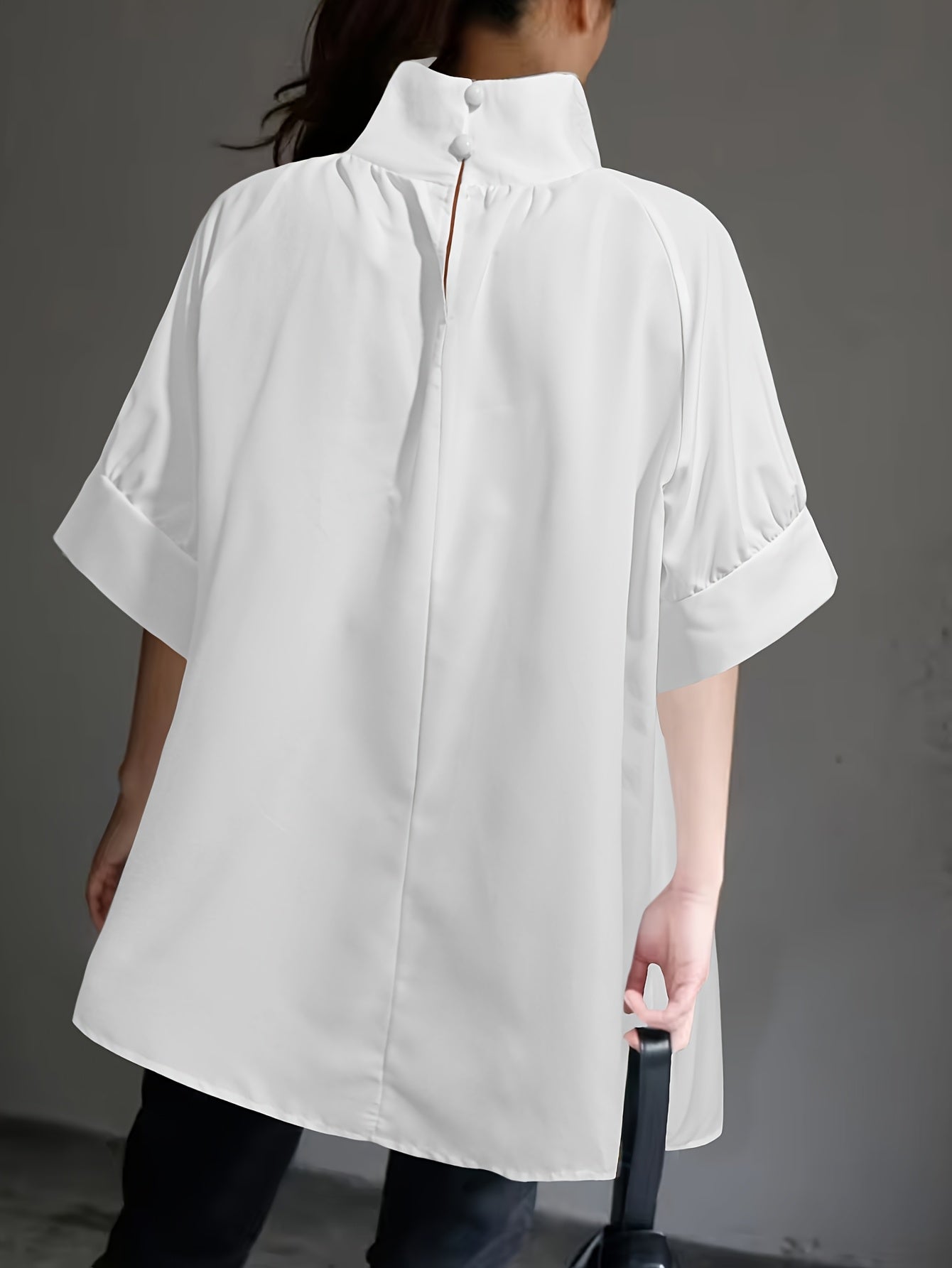 White women's casual mushroom button-up shirt with a loose fit, stand collar, short puff sleeves, frilled detail, and non-stretch woven fabric. Perfect for summer casual attire.