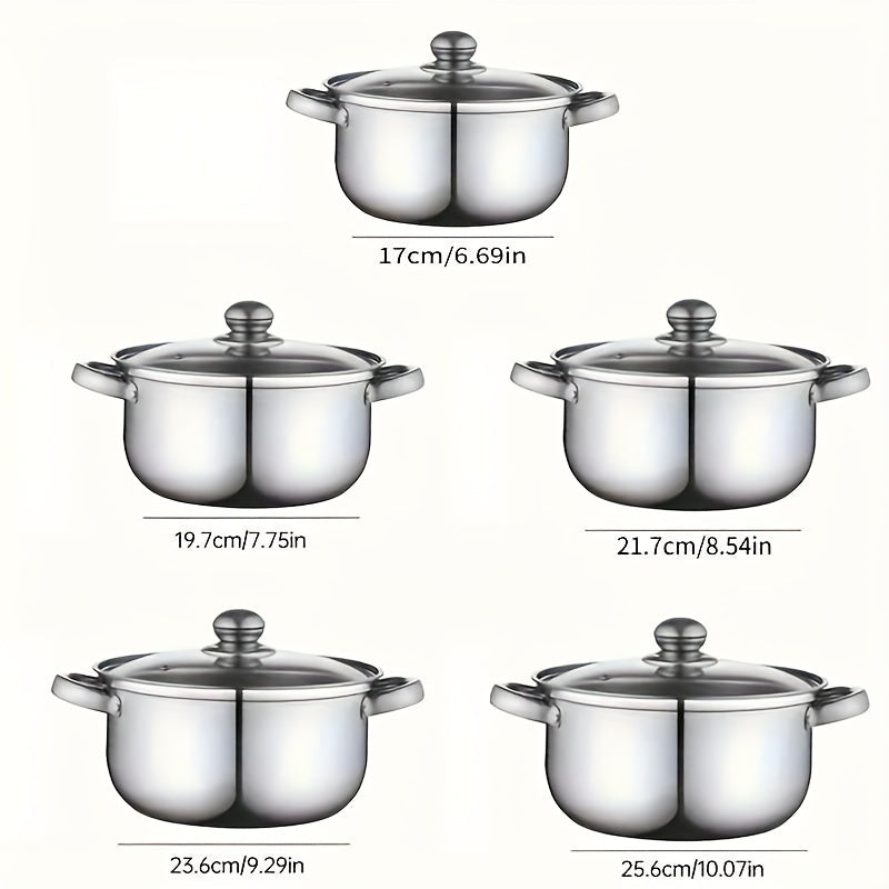 This set includes 10 pieces of stainless steel pots with specifications of 18.01/19.99/22.0/24.0/26.01 cm. The pots are silvery in color and come with double handles and lids. The set includes 5 pots and 5 lids, suitable for both home and restaurant