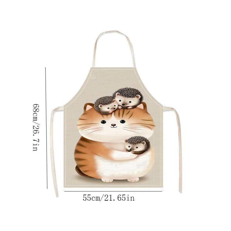 An adult-sized linen apron perfect for home cooking, sleeveless kitchen attire featuring a printed bib design, and essential kitchen accessories.