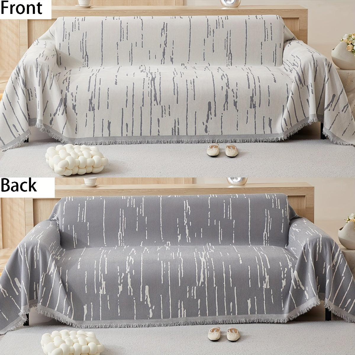 Chenille sofa cover with tassels – Reversible, pet-friendly, non-slip, thick fabric protector for all seasons. Ideal for living room, kitchen, and cafe decor.