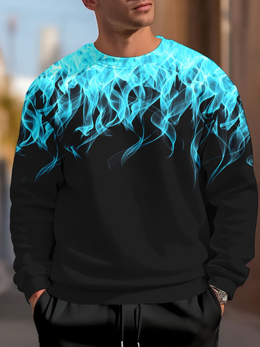 Men's Plus Size Casual Sweatshirt with Blue Flame Print - Cozy, stretchy polyester blend, machine washable, round neck pullover for fall/winter. Ideal for plus size individuals.