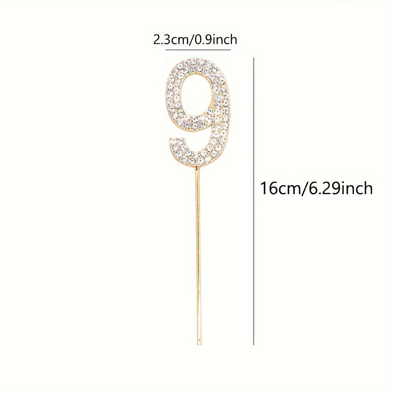 Rhinestone number cake topper in gold or silver, perfect for birthdays, showers, and weddings