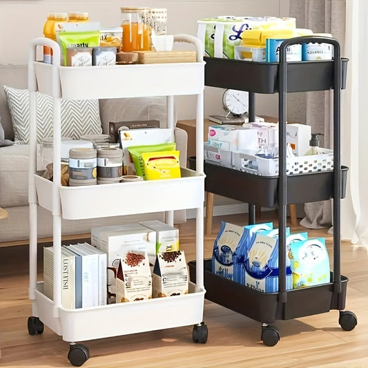 Multi-functional 3-tier rolling kitchen storage cart with wheels, made of durable plastic. This space-saving organizer trolley is perfect for use in the kitchen, bathroom, or bedroom. Easy to move around and featuring versatile open storage racks.