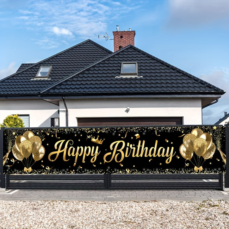 1 piece black and gold Happy Birthday banner for party decoration, supplies, background decor, and photo props. Ideal for indoor and outdoor use.