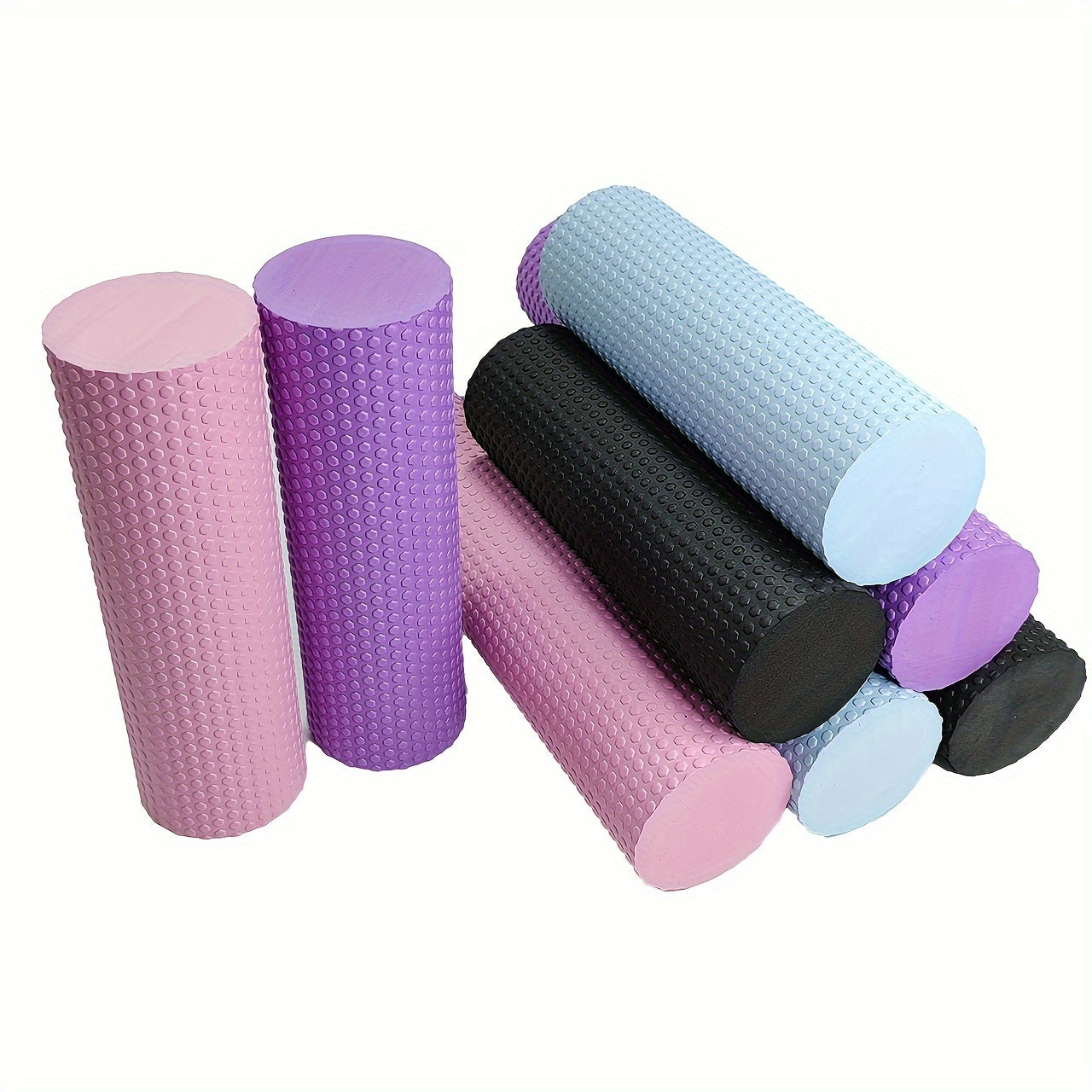 Premium EVA foam roller with textured surface for flexibility and muscle relaxation. Perfect for yoga, pilates, and fitness. Available in purple, blue, and black.