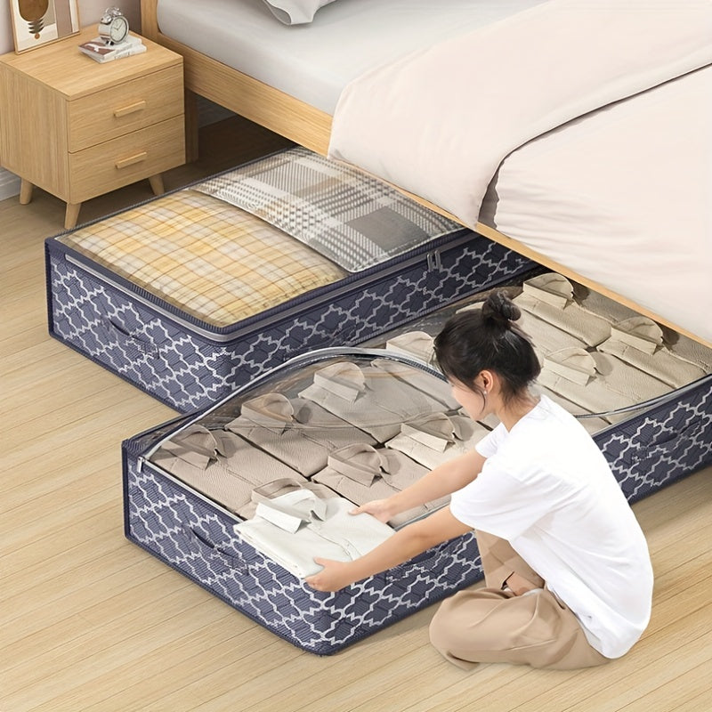 Under Bed Storage Bag with Clear Window - Extra Large Size. Made of Non-Woven Fabric with Dual Zipper Closure for Easy Access. Versatile Organizer with Utility Hooks.