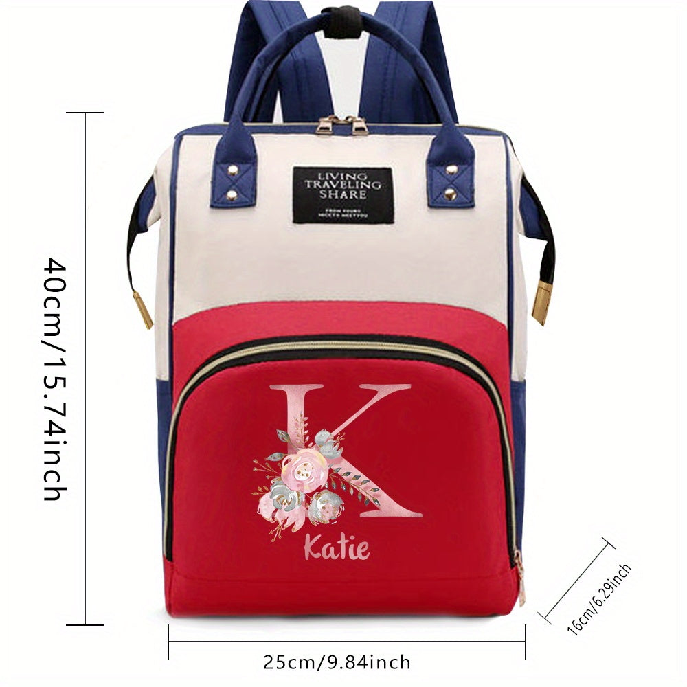 Personalized Mommy Backpack made of durable Oxford cloth with ample storage space for diapers and other essentials. Features customizable initials and name, as well as convenient bottle pockets. Perfect for nursing mothers on-the-go, with options for A-Z