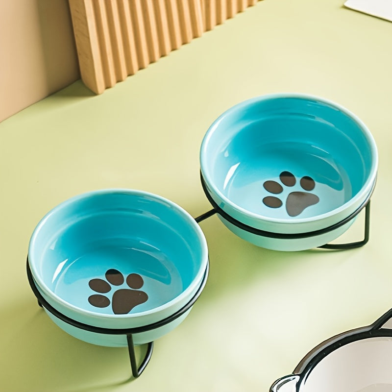 Ceramic cat bowls with iron stand - 12.19cm dual feeding dishes for cats, neck protection design