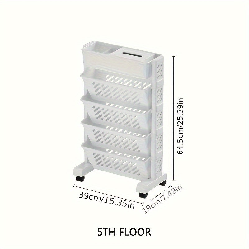 White plastic storage shelf with 5 or 6 layers for organizing items in office.