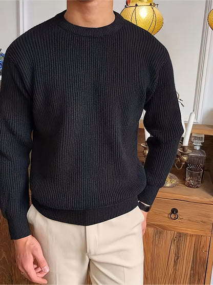 Men's black cotton-blend crew neck sweater with soft ribbed texture, perfect for fall/winter warmth in a casual attire.