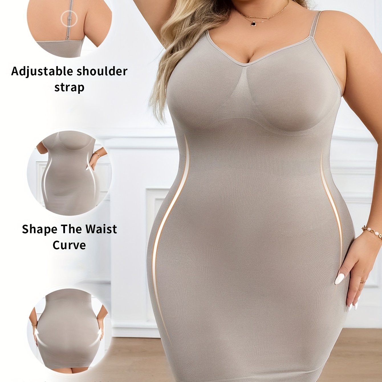 Plus size slip shapewear dress with built-in bra, adjustable straps, and seamless tummy control.