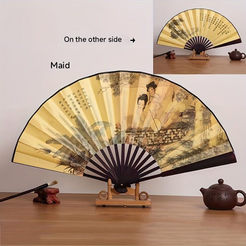 Beautiful 10-inch Bamboo Folding Fan featuring a Dual-Sided Silk Design - Inspired by Traditional Chinese Style, Ideal for Women's Fashion Accessory, Generous Size, Luxurious Silk Material