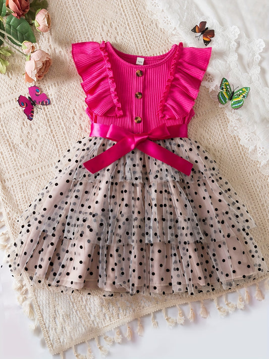 Kids' Summer Polka Dot Tulle Princess Dress, A-Line Fairy Style with Button Accents, 65% Polyester Non-Stretch Fabric