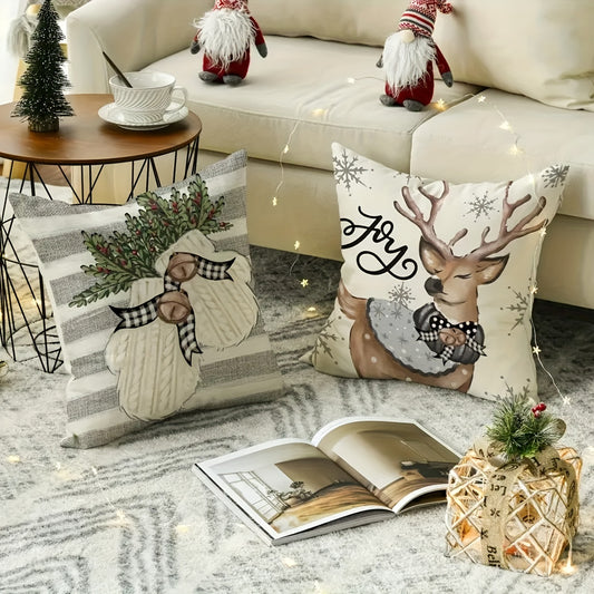 Set of four Christmas-themed pillowcases made of polyester fabric, suitable for home decoration in various settings, dimensions 45*45cm/17.7*17.7in, pillow core not included.