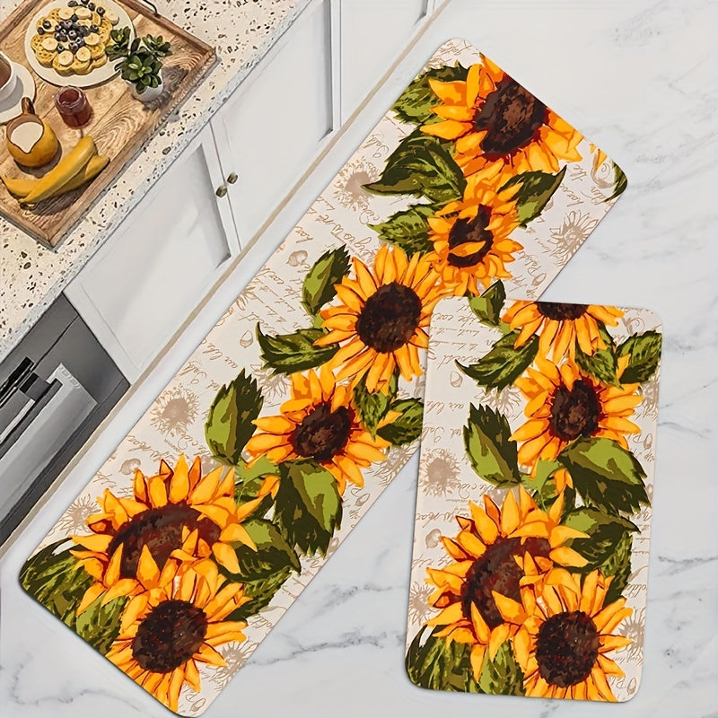 One piece Sunflower Print Kitchen Floor Rug designed to resist dirt and water, machine washable for easy cleaning. Can be used as an Entrance Doormat, Kitchen and Living Room Carpet, or Laundry and Bathroom Water-absorbing Floor Carpet.