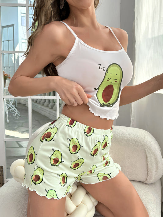 Cute avocado print pajama set with cami top and lettuce trim shorts for women's sleepwear