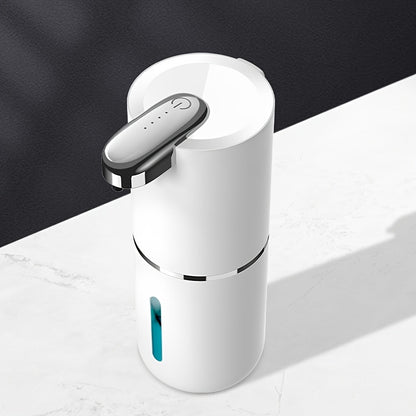 Wall-mounted 380ml Soap Dispenser with USB rechargeable battery offers touchless hand & lotion pump operation. Made of plastic with multi-level foaming press for bathroom use.